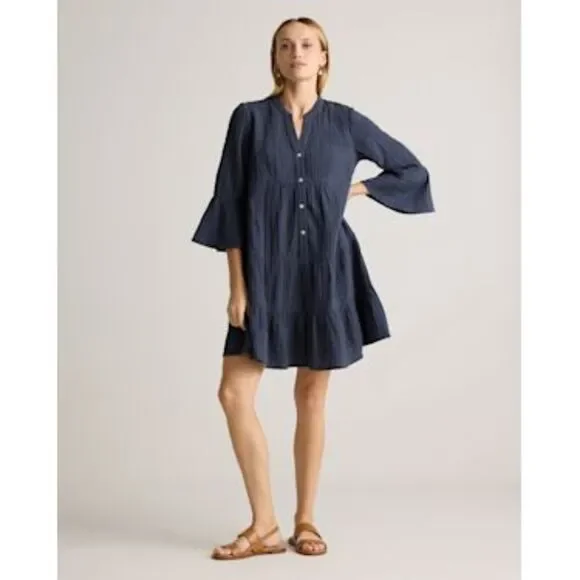 Quince 100% Organic Cotton Gauze Long Sleeve Tiered Mini Dress Indigo M - Picture 1 of 3